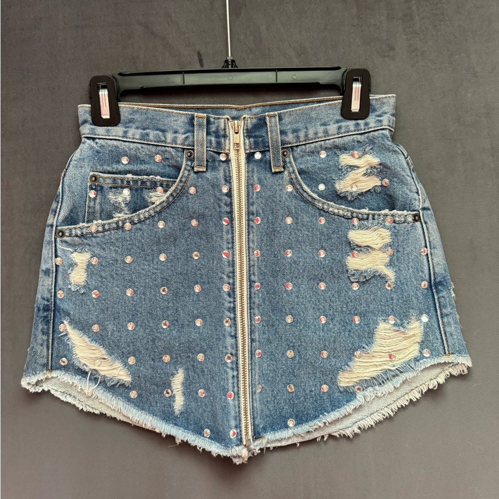 Carmar Denim Belinda Rhinestone Zip Front Mini Skirt Size 25 - Picture 3 of 5